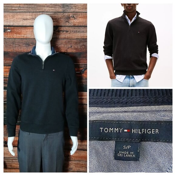 Tommy Hilfiger Sweater Mens Small Classic Black Quarter Zip Pullover Cotton - Picture 1 of 9